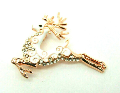 Reindeer Pin White Rhinestone Rose Christmas Brooch