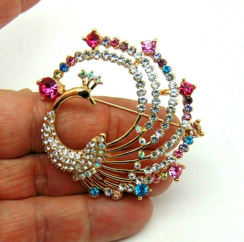 Peacock Pin Brooch Fabulous Feather Rhinestone Crystal Bird
