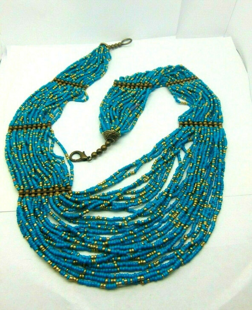 Egyptian 27 Strand Cleopatra Bib Necklace Turquoise 26" Vintage