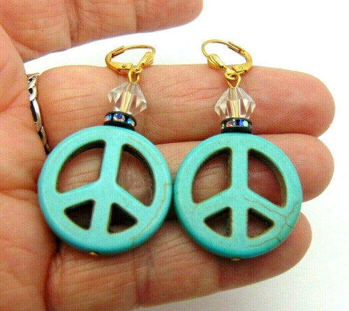 Peace Sign Earrings Swarovski Crystals Pierced Turquoise