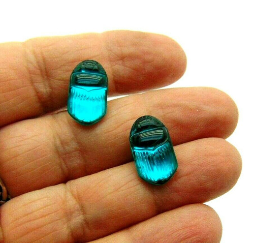 Scarab Earrings Pierced German Glass Egyptian Aqua / Green