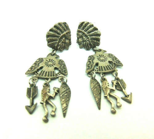 Indian Chief Earrings Thunderbird Dancer Pewter Pierced DazzleCity