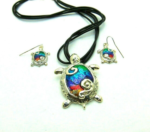 Turtle Necklace Earring Choker Set Tortoise Enamel Silver