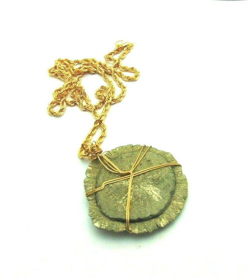 Pyrite Sun Dollar Necklace Wire Wrapped Pendant Chain