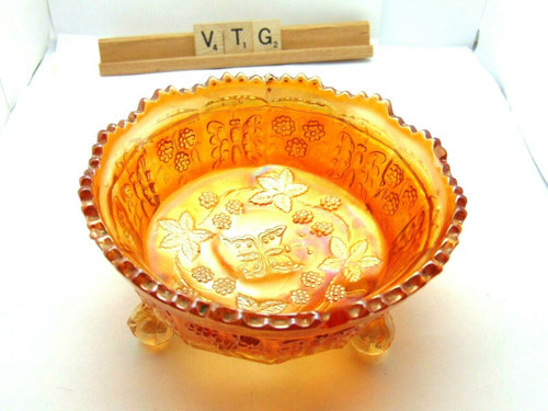 Fenton Butterfly Berries Vintage Bowl 3 Footed Carnival