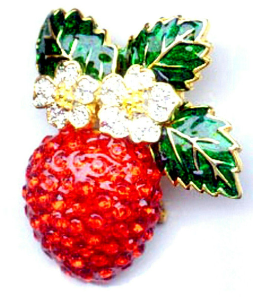 Rhinestone Strawberry Pin Fruit Ruby Red Crystal Brooch Jam Leaves DazzleCity