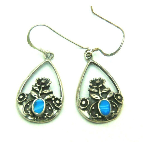 Turquoise Sterling Earrings Floral Design Silver Pierced 925 DazzleCity