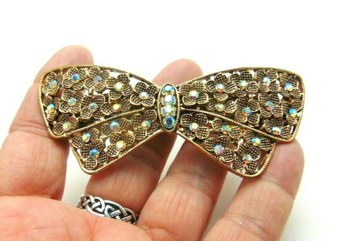 Bow Hair Barrette AB Flashed Rhinestone Crystal Antiqued Gold