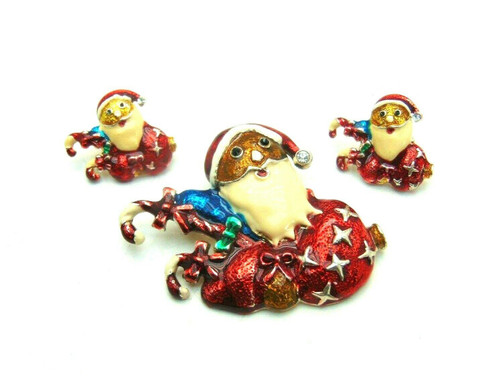 Santa Claus Pin Earrings Set Candy Cane Brooch