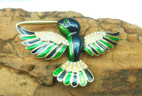 Hummingbird Pin Crystal Bird Brooch Austrian Rhinestone Emerald Green Blue