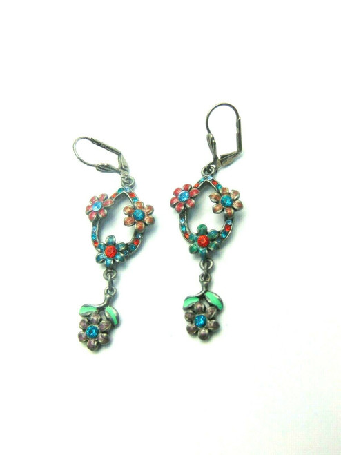 Flower Earrings Pierced Pewter Enamel Rhinestone Crystal