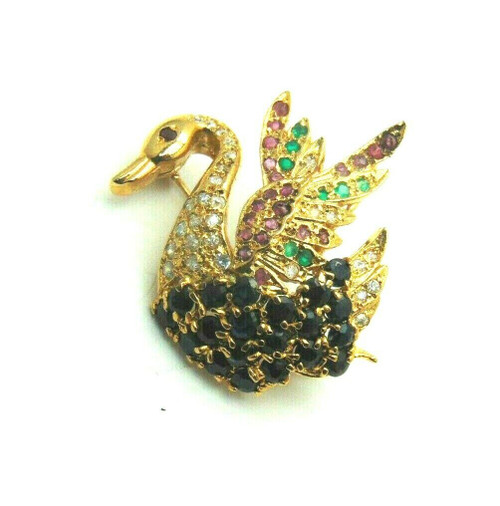 Swan Pin Genuine Sapphire Ruby Emerald Amethyst Crystal Brooch Vermiel