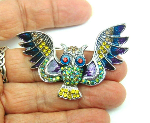 Owl Bird Pin Wings Rhinestone Crystal Brooch Necklace Hoot