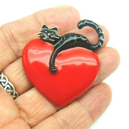 Black Cat Red Heart Pin Brooch Necklace Pendent