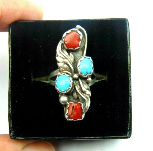 Turquoise Coral Navajo Sterling Silver Ring Signed 925 Native Design