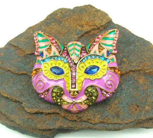 Cat Pin Mardi Gras Mosaic Brooch Carnival Rhinestone Crystal