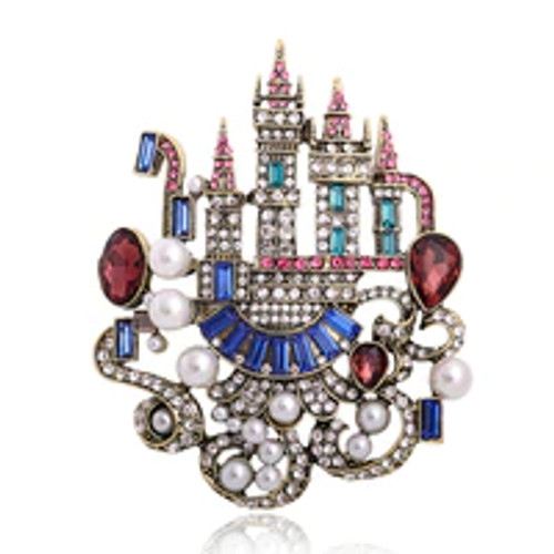 Castle Pin Camelot Princess Fairy Tale Necklace Brooch Rhinestone