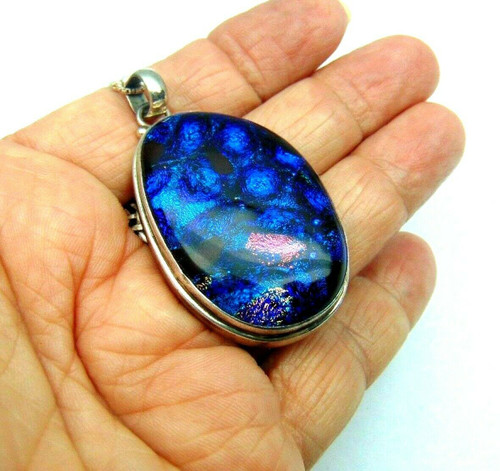 Dichroic Glass Necklace Sterling Silver Deep Blues 925