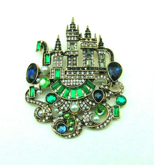 Castle Pin Princess Knight Fairy Tale Necklace Brooch Rhinestone Crystal Green