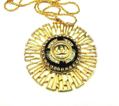 Big Golden Medallion Necklace Rhinestone Earring Rescue