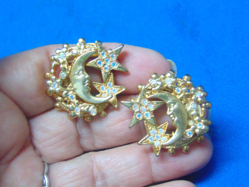 Kirks Folly Sun Moon Star Clip Earrings Rhinestone Crystal Vintage USA Last Pair