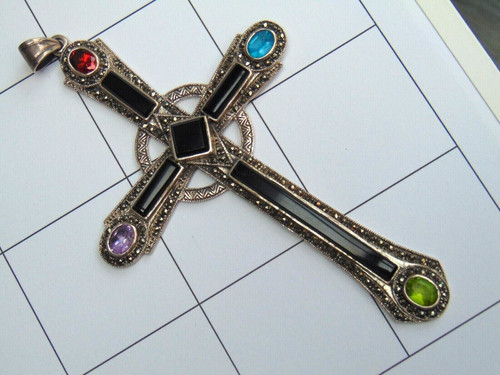 Sterling Silver Cross Onyx Peridot Amethyst Marcasite Pendent Necklace