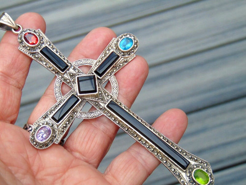 Sterling Silver Cross Onyx Peridot Amethyst Marcasite Pendent Necklace