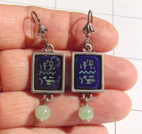 Egyptian Hieroglyph Earrings Chrysoprase Pierced OOAK Pewter Old German Glass