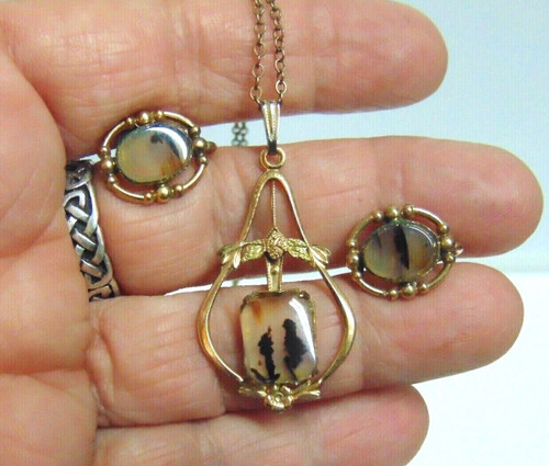 Moss Agate Montana Necklace Earring Set G/F Vintage