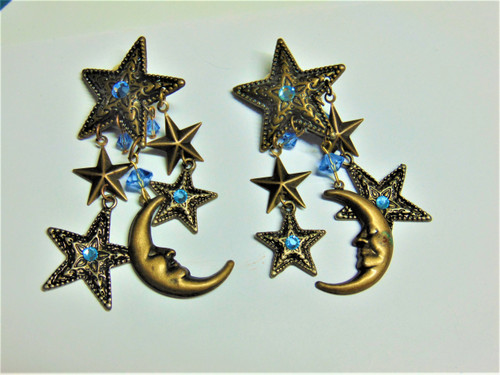 Moon Star Clip Earrings w Swarovski Crystal Sapphire OOAK BeadRage