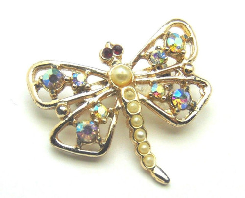 Dragonfly Pin Vintage 1950's Rhinestone Crystal Bug