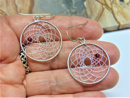 Vintage Dreamcatcher Earrings Garnet Sterling Silver Story  925 BeadRage