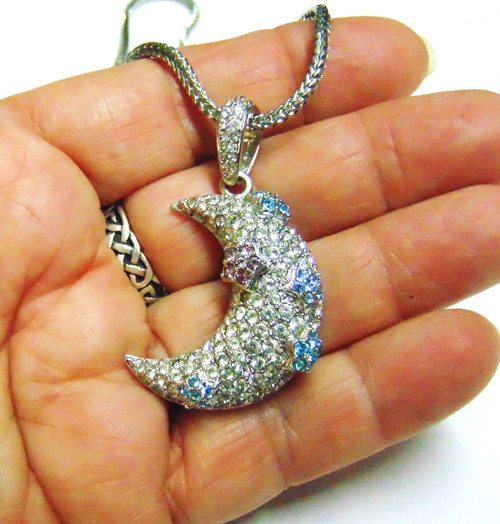 Swarovski Crystal Moon Necklace Pendent Vintage Signed OOAK DazzleCity