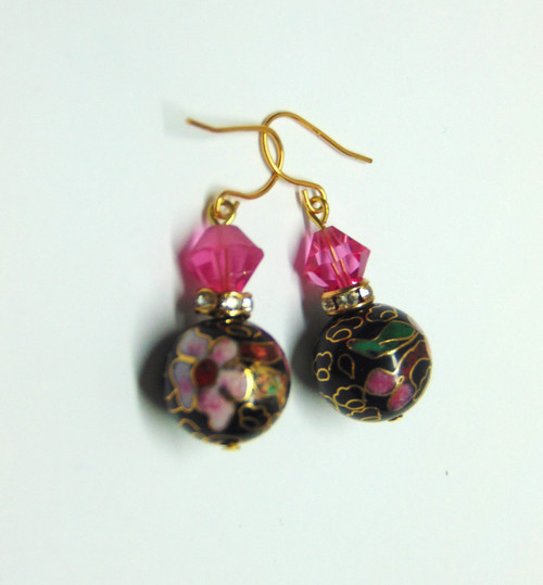 Cloisonné Earrings Floral Vintage Swarovski Crystal Pierced BeadRage