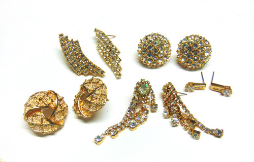 5 Pair Earrings Cubic Z Vintage Rhinestone Pierced USA DazzleCity