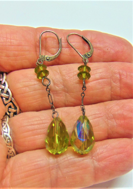 Vintage Olivine Crystal Earrings Swarovski AB Bead Drop Pierced DazzleCity