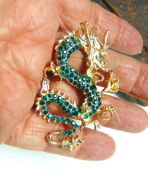 Dragon Serpent Pin Emerald Rhinestone Crystal Brooch Gold BeadRage