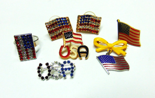 USA Flag Pin Lot Ring Earrings Rhinestone Crystal Vintage DazleCity