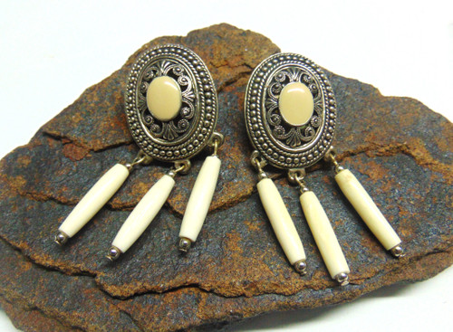 Bone Earrings Silver Filigree Ethnic Pierced Vintage DazzleCity