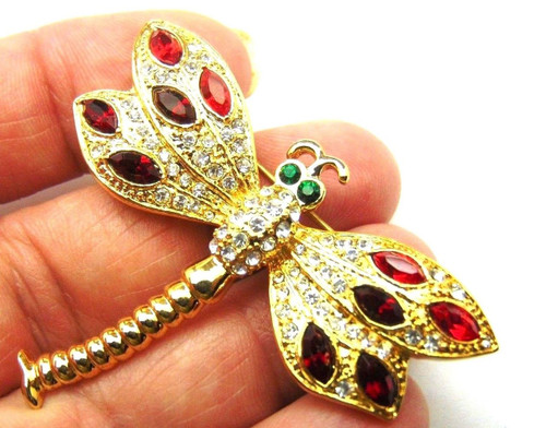 Dragonfly Pin Red Rhinestone Crystal Brooch Insect DazzleCity