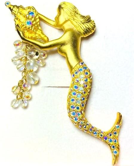Mermaid Pin Rhinestone Crystal Bubbles Shell Gold Brooch DazzleCity