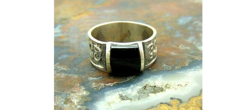 Ring Sterling Silver Rune Design Wide Band Onyx 925 Vintage BeadRage Ring Sterling Silver Rune Design Wide Band Onyx 925 Vintage BeadRage