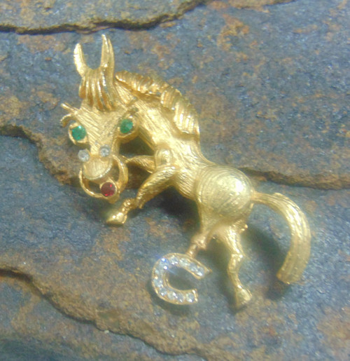 Donkey Horse Pin Brooch Vintage Horseshoe Rhinestone Crystal DazzleCity