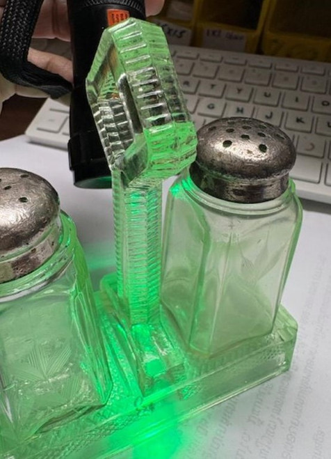 Vaseline Glass Salt Pepper Shaker Base Uranium Caddy 1920 Art Deco DazzleCity