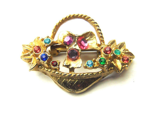 Basket Flower Pin Brooch 1940 Rhinestone Crystal