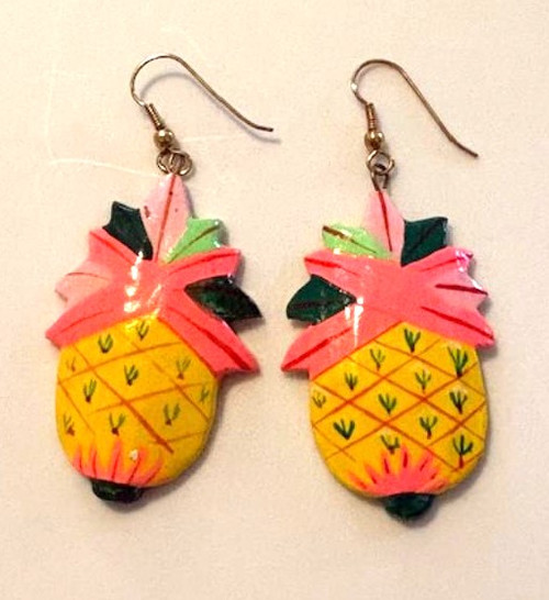 Pineapple Earrings Fruit Juice Hawaii Hand Paint VTG DazzleCity
