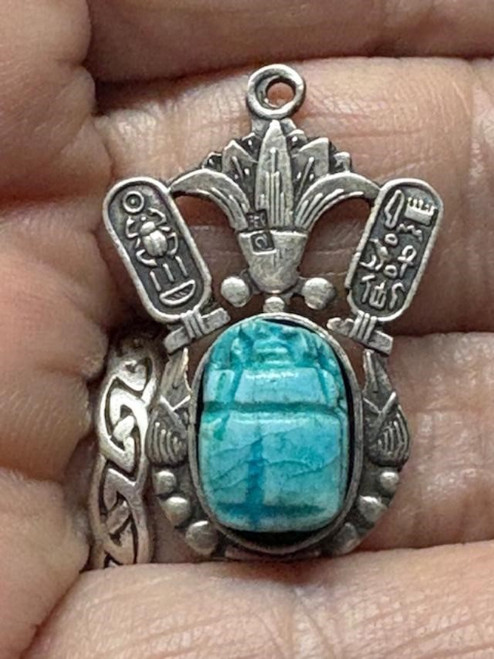 Scarab Cartouche Pendant Charm Sterling Silver Lotus Signed Faience DazzleCity