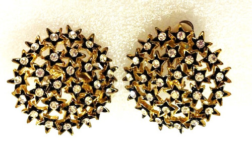 Star Earrings Vintage Jet Black Rhinestone Crystal Clip Dome
