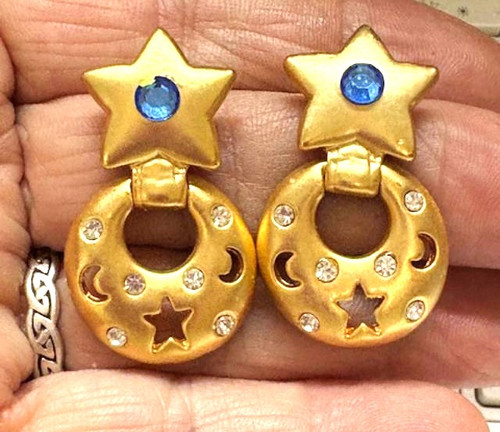Moon Star Earrings Sapphire Crystal Rhinestone Vintage DazzleCity