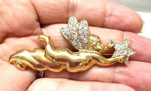 Angel Cupid Pin Cherub Vintage Rhinestone Crystal 80's DazzleCity